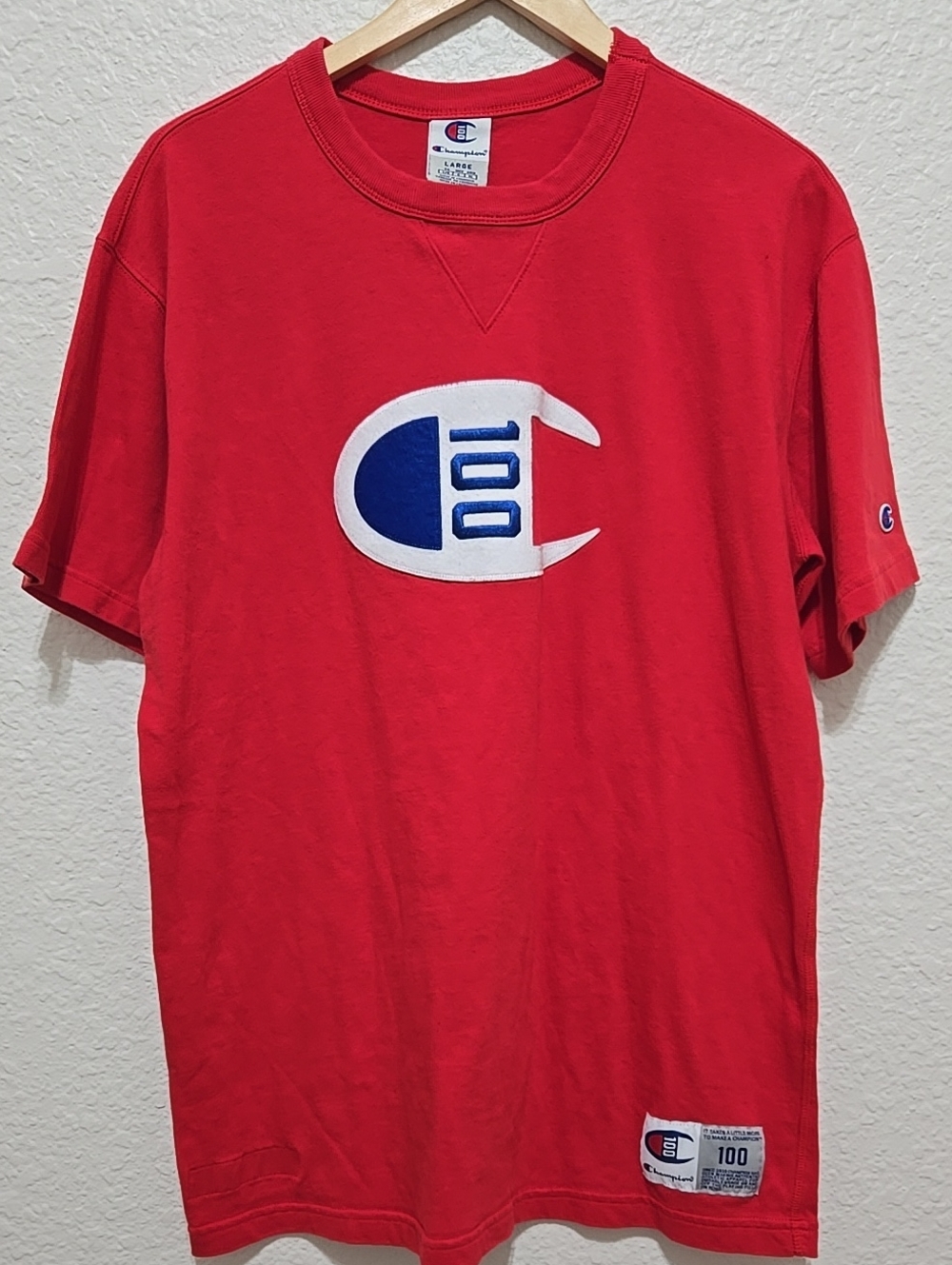 Champion Red Tee with Blue & White Logo - 100% Cotton Short Sleeve